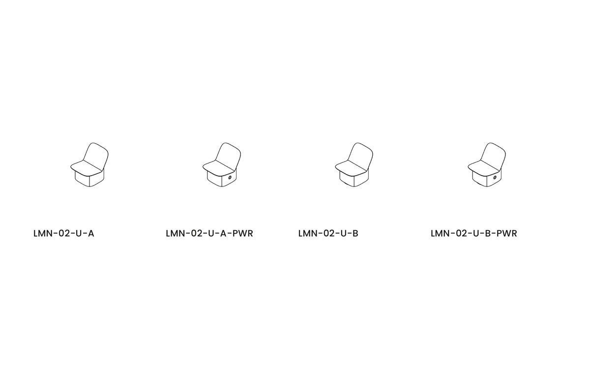 Derlot Laminar Lounge Chair models: fixed base (A) and swivel base (B), with or without power