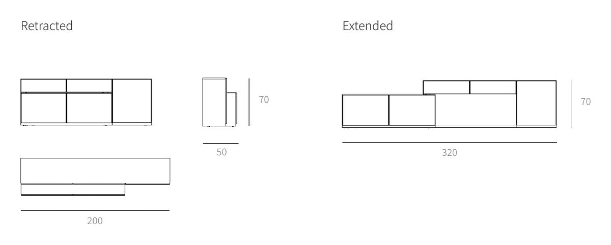 NUNC Aman Taman modular cabinet, technical drawing retracted W 200 cm and extended W 320 cm, D 50 x H 70 cm
