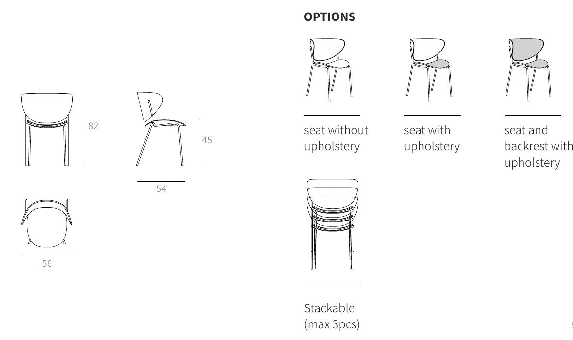 NUNC Bolta chair, technical drawing with dimensions and options