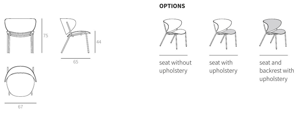 NUNC Bolta Lounge chair, technical drawing with dimensions and options
