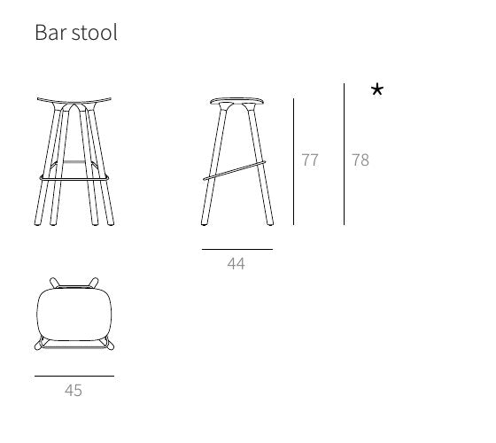 NUNC Cot Wood bar stool, technical drawing with dimensions