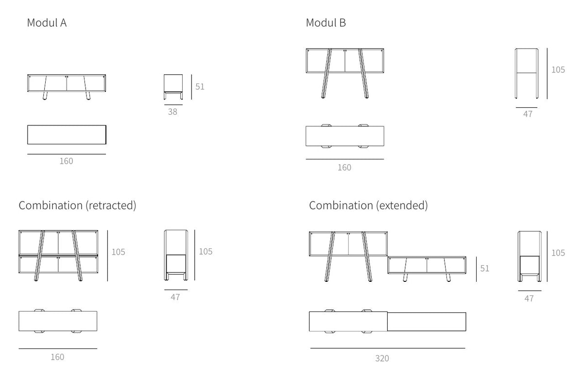 NUNC Duja modular cabinet, technical drawing of module A, module B and combinations