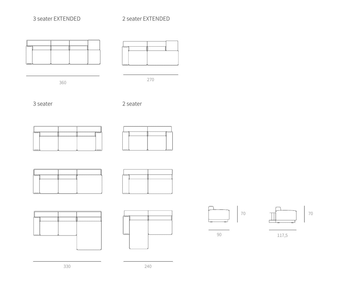 NUNC Sechia sofa, technical drawing of the configurations
