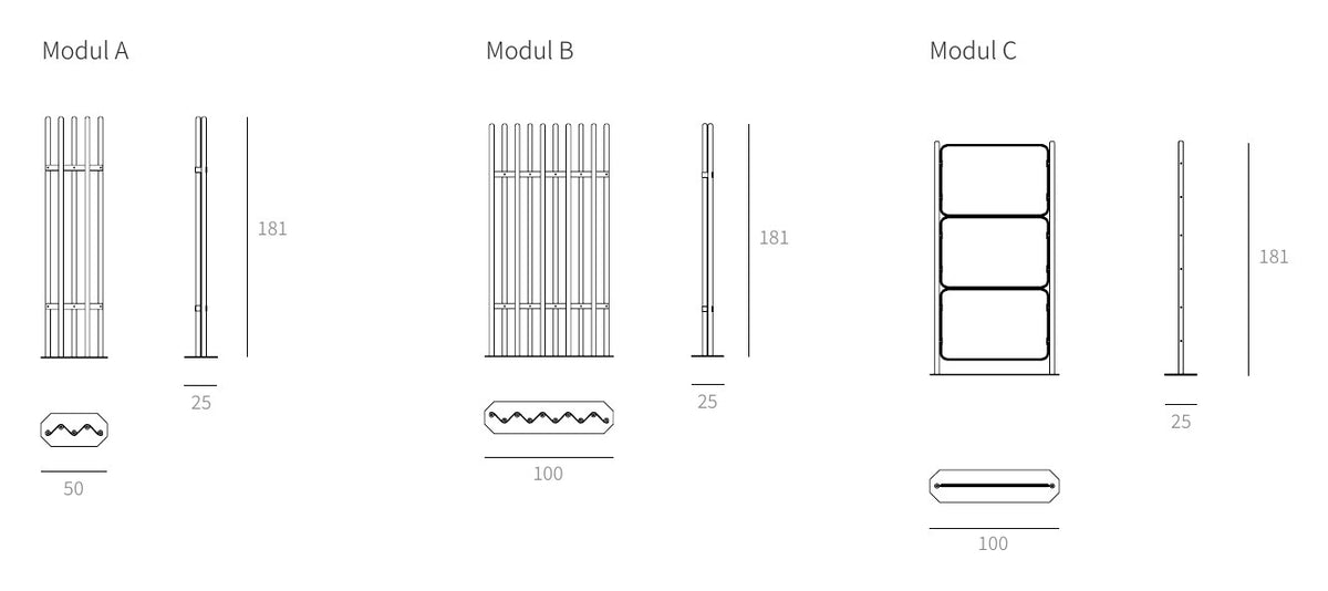 NUNC Taraba room divider, technical drawing of modules A, B and C