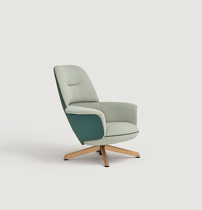 Ulis lounge chair, high shell, swivel oak base, image: Capdell