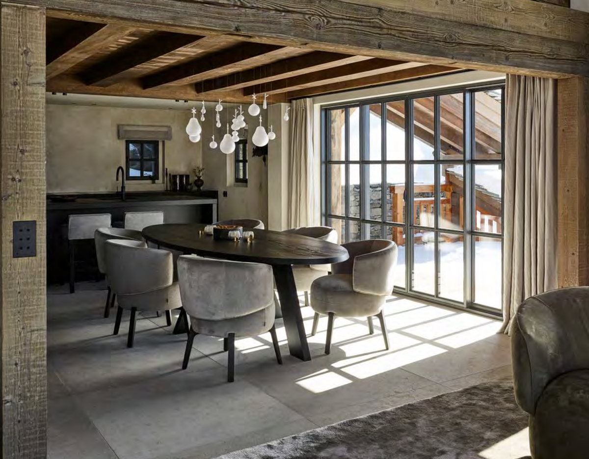Piet Boon JANE dining chairs around a dining table in a chalet in Verbier, in situ