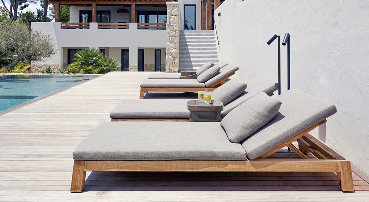 Piet Boon GIJS sunloungers on a teak pool deck, in situ