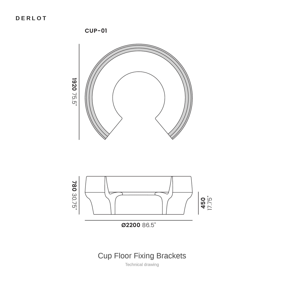 Derlot Cup Floor Fixing Brackets, technical drawing