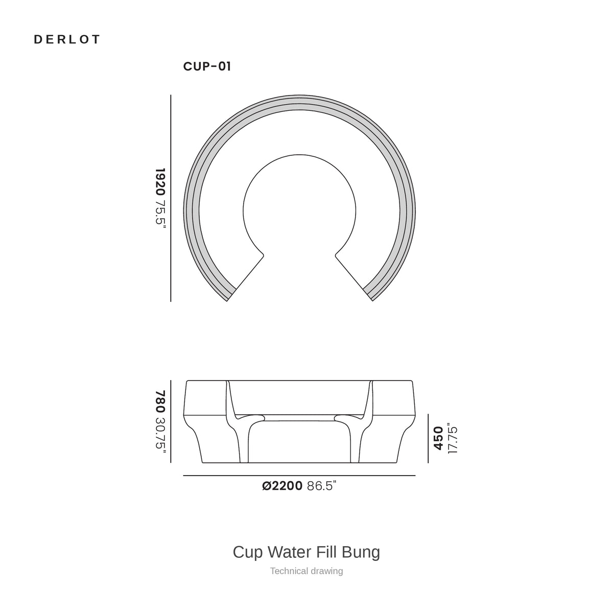 Derlot Cup Water Fill Bung, technical drawing