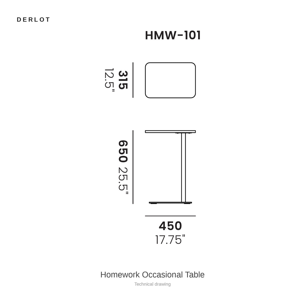 Derlot Homework Occasional Table, technical drawing