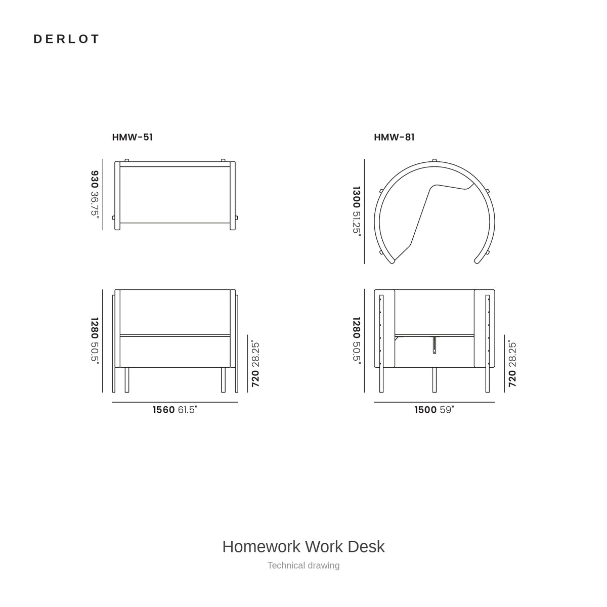 Derlot Homework Work Desk, technical drawing