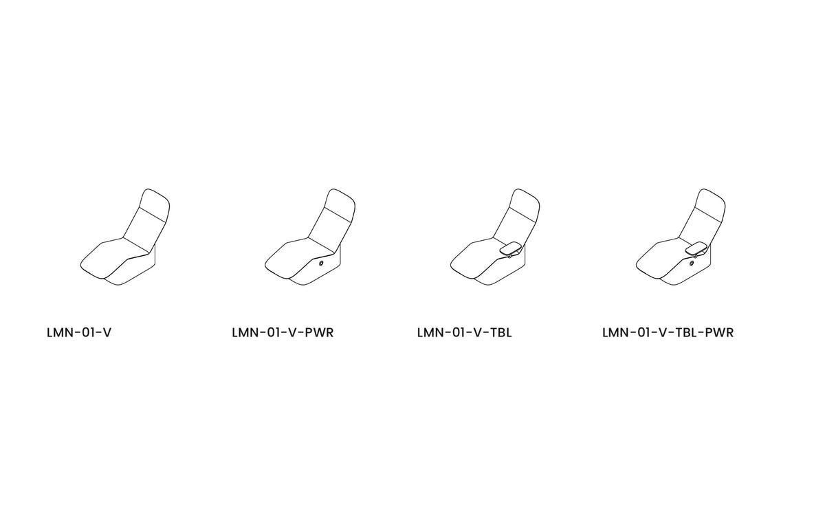 Derlot Laminar Chaise Lounger models LMN-01-V, V-PWR, V-TBL and V-TBL-PWR