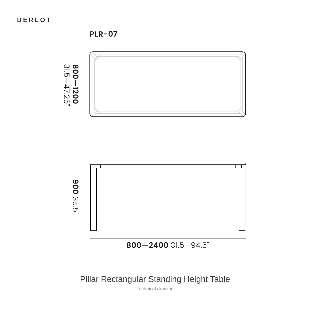 Derlot Pillar Rectangular Standing Height Table, technical drawing