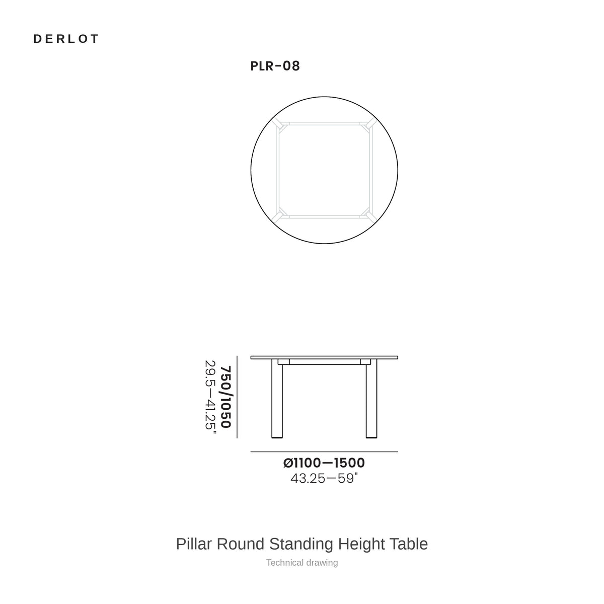 Derlot Pillar Round Standing Height Table, technical drawing