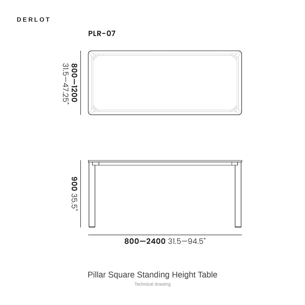 Derlot Pillar Square Standing Height Table, technical drawing