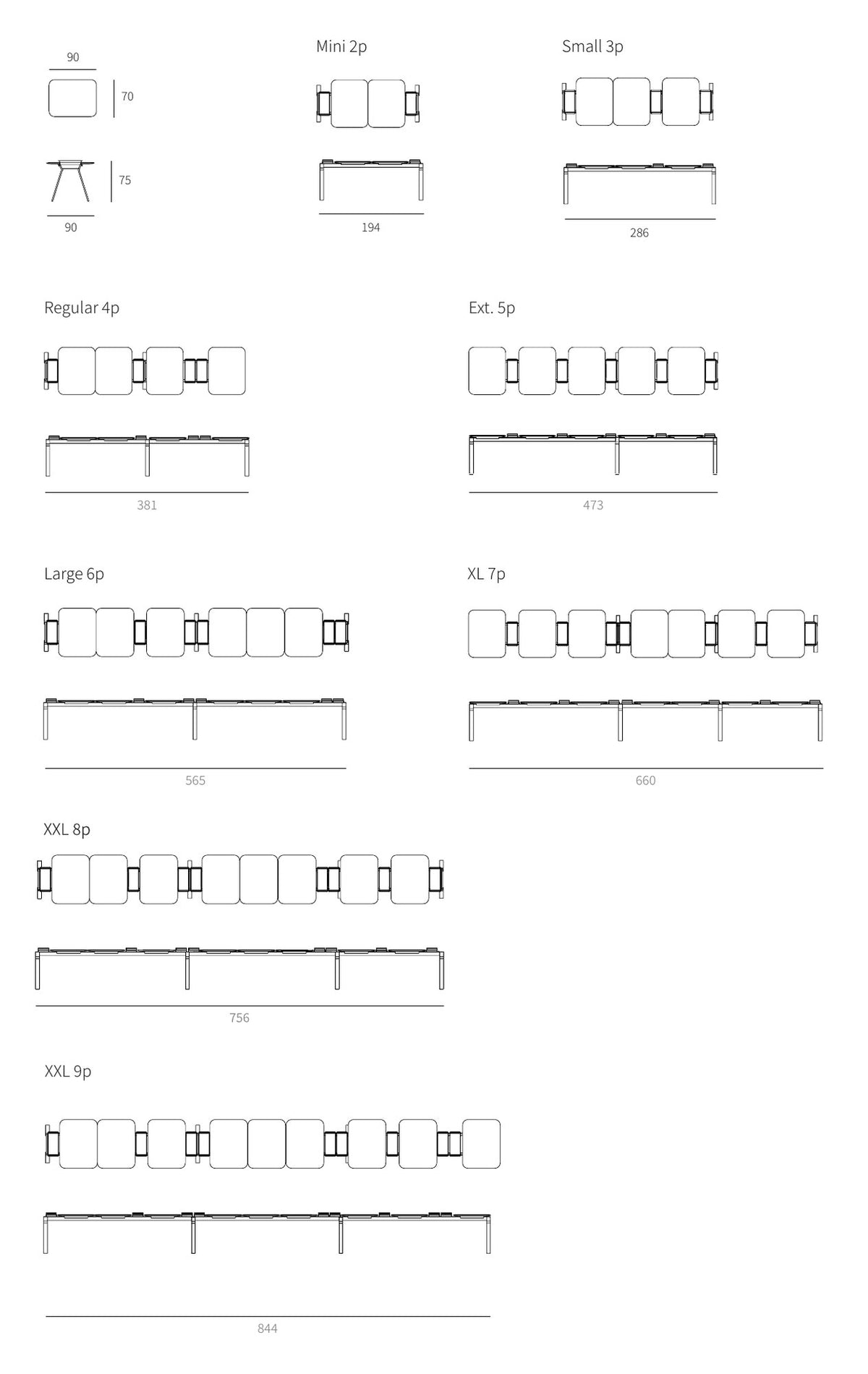 NUNC Ala dining table, technical drawing with dimensions of all sizes