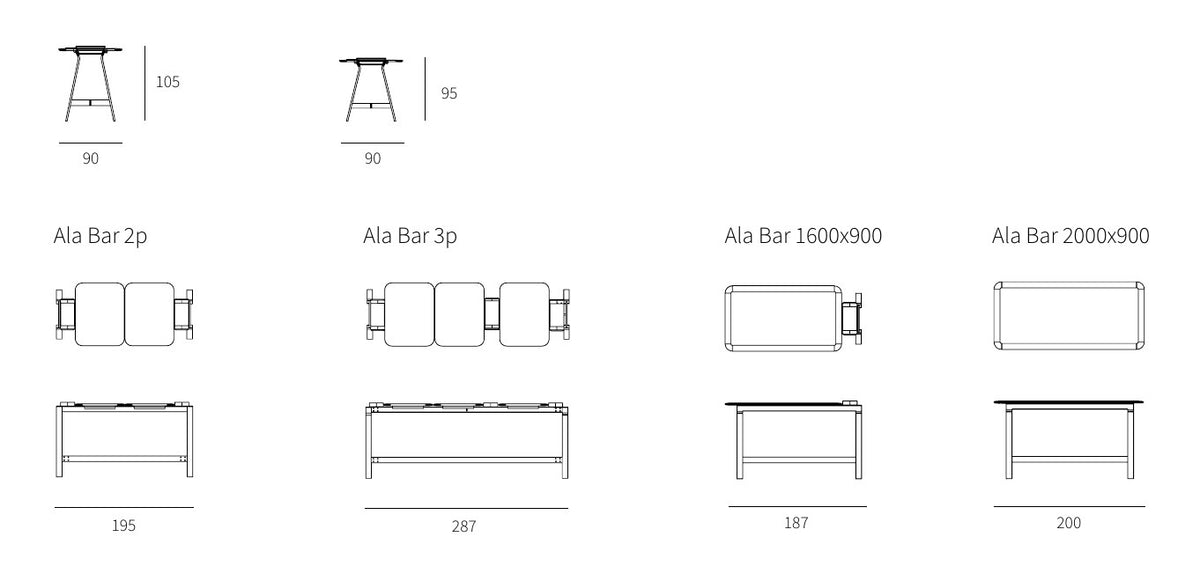 NUNC Ala bar table, technical drawing with dimensions of all sizes and heights