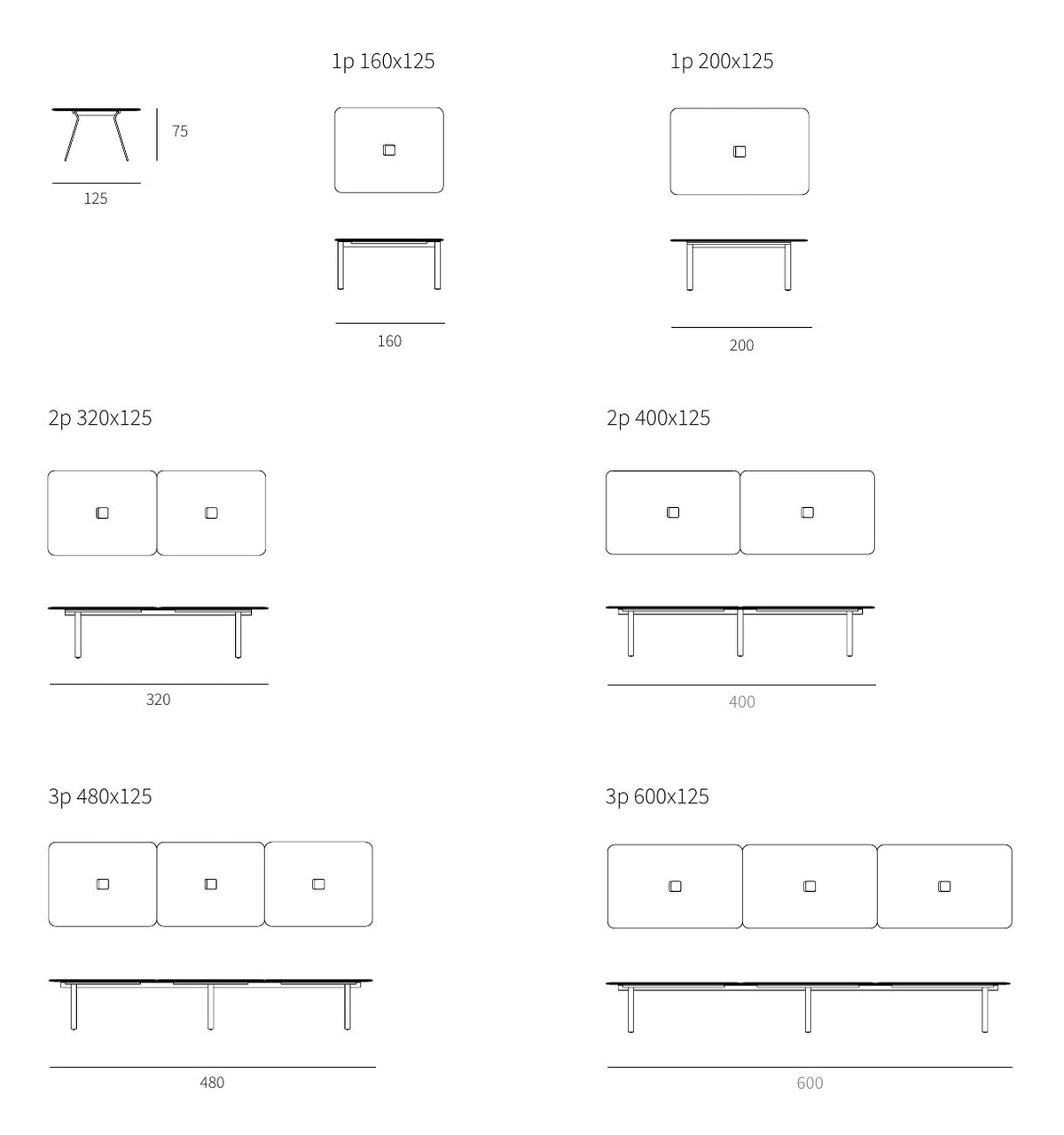 NUNC Ala conference table, technical drawing with dimensions of all sizes