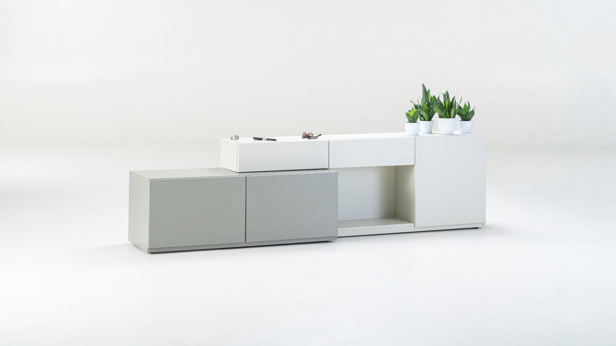 NUNC Aman Taman modular cabinet, extended in grey and white lacquer