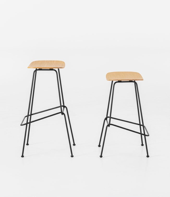 NUNC Cot counter stool and bar stool, oak veneer seats on black steel base