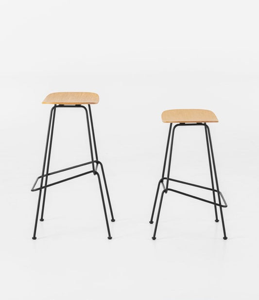 NUNC Cot counter stool and bar stool, oak veneer seats on black steel base