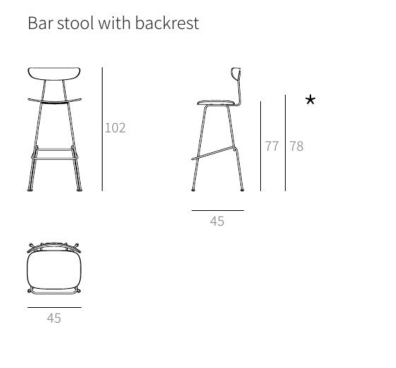 NUNC Cot Backrest bar stool, technical drawing with dimensions