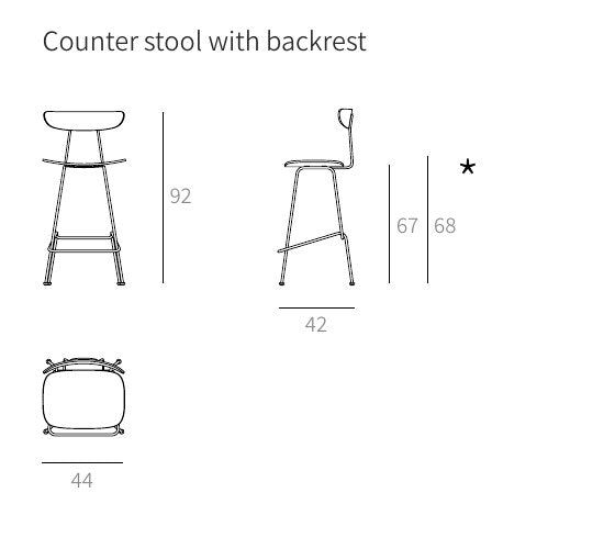 NUNC Cot Backrest counter stool, technical drawing with dimensions