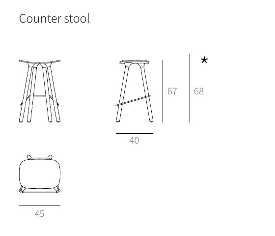 NUNC Cot Wood counter stool, technical drawing with dimensions