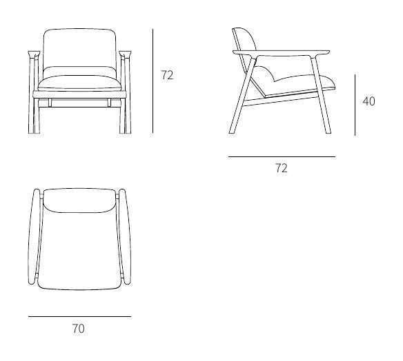 NUNC Dika lounge chair, technical drawing W 70 x D 72 x H 72 cm, seat height 40 cm