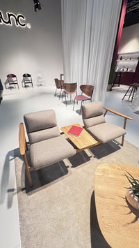 NUNC Dika Duo, two seats on a shared oak frame with central table top, grey fabric