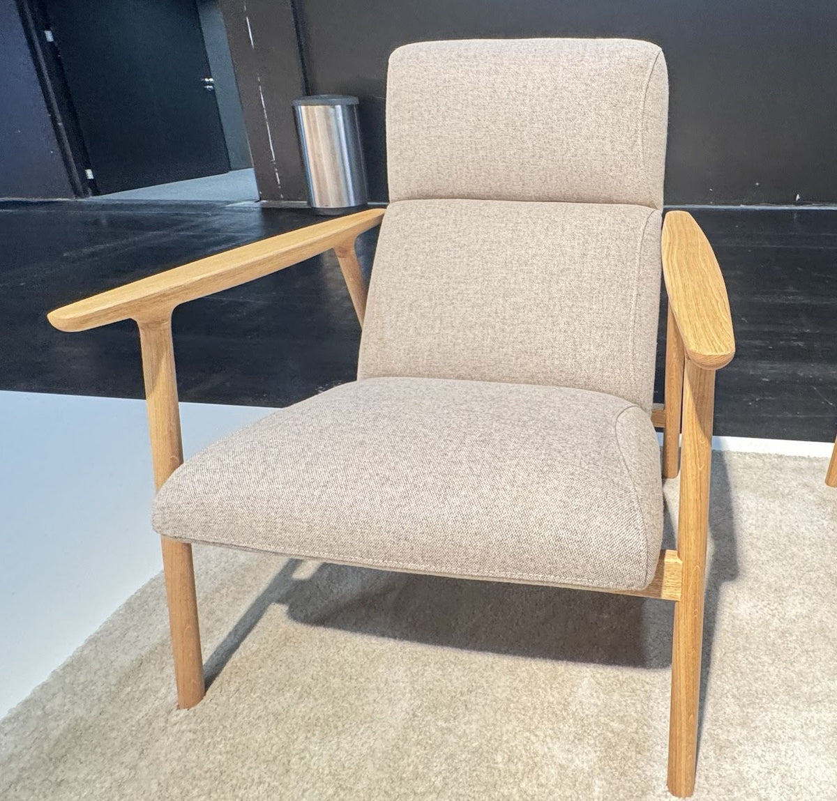 NUNC Dika High Chair prototype, oak frame with fabric upholstery
