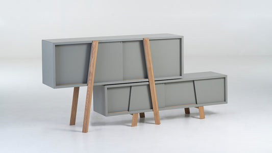 NUNC Duja modular cabinet, modules A and B in grey lacquer with oak legs