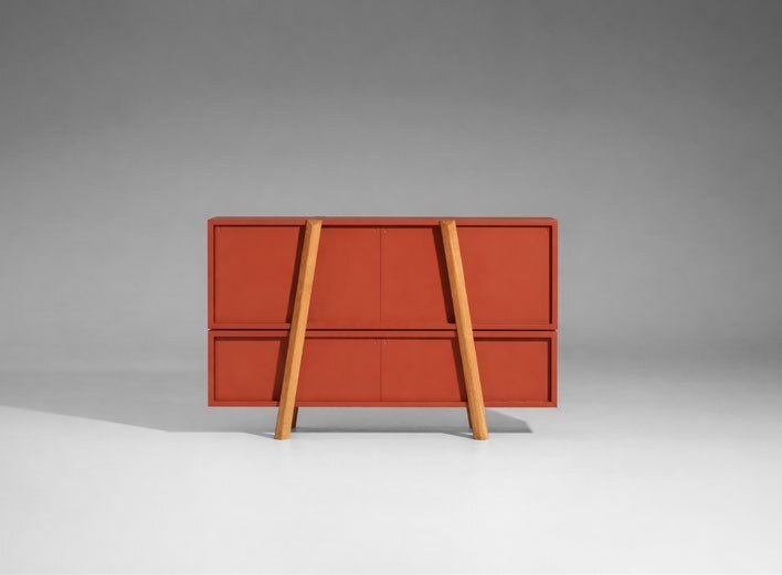 NUNC Duja modular cabinet, stacked modules in red lacquer