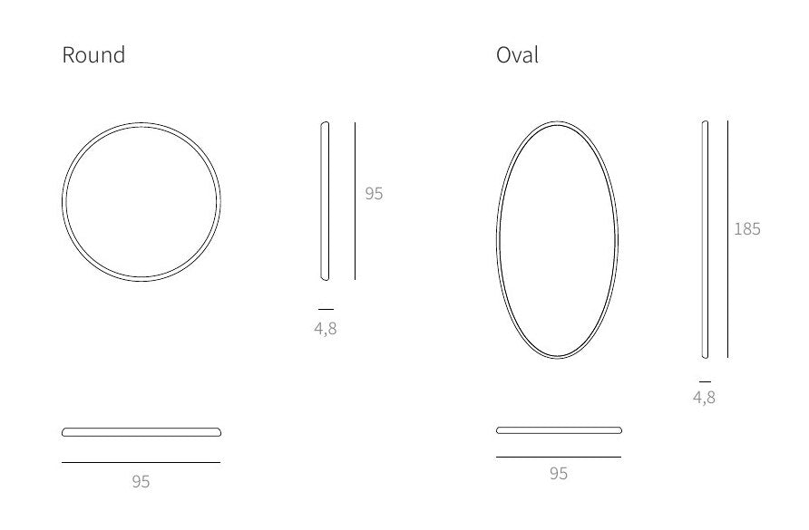 NUNC Eho mirror, technical drawing with dimensions