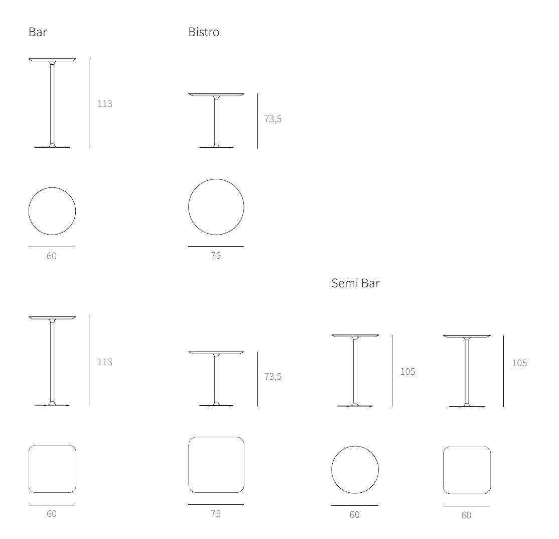 NUNC Jaro bar table, technical drawing with dimensions