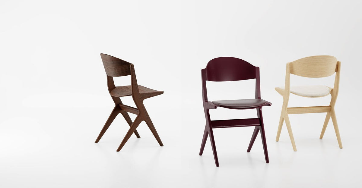 NUNC Knap chair, three wooden chairs in walnut, burgundy and oak
