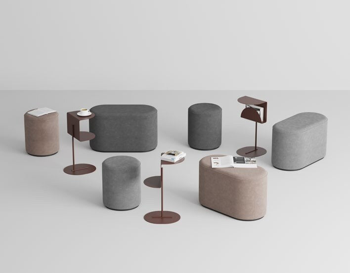 NUNC Kosir side tables, shown with Skupa poufs