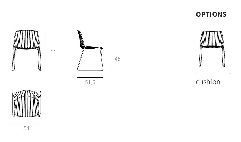 NUNC Mustra garden chair, technical drawing W 54 x D 51.5 x H 77 cm, seat height 45 cm, with cushion option