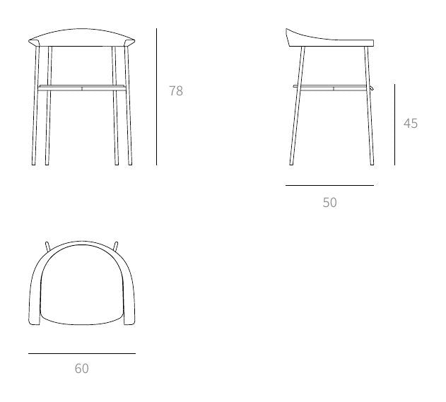 NUNC Nauvik dining chair, technical drawing W 60 x D 50 x H 78 cm, seat height 45 cm