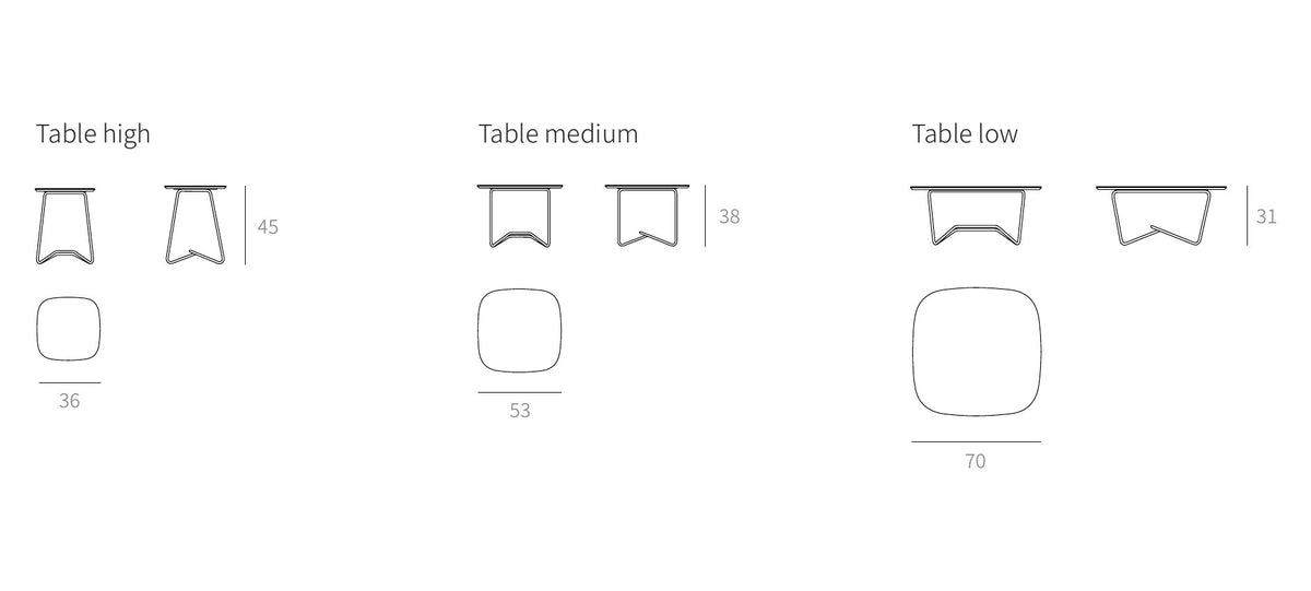 NUNC Ruvo coffee table, technical drawing of the three sizes