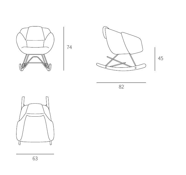 NUNC Ruvo Jiha rocking chair, technical drawing with dimensions