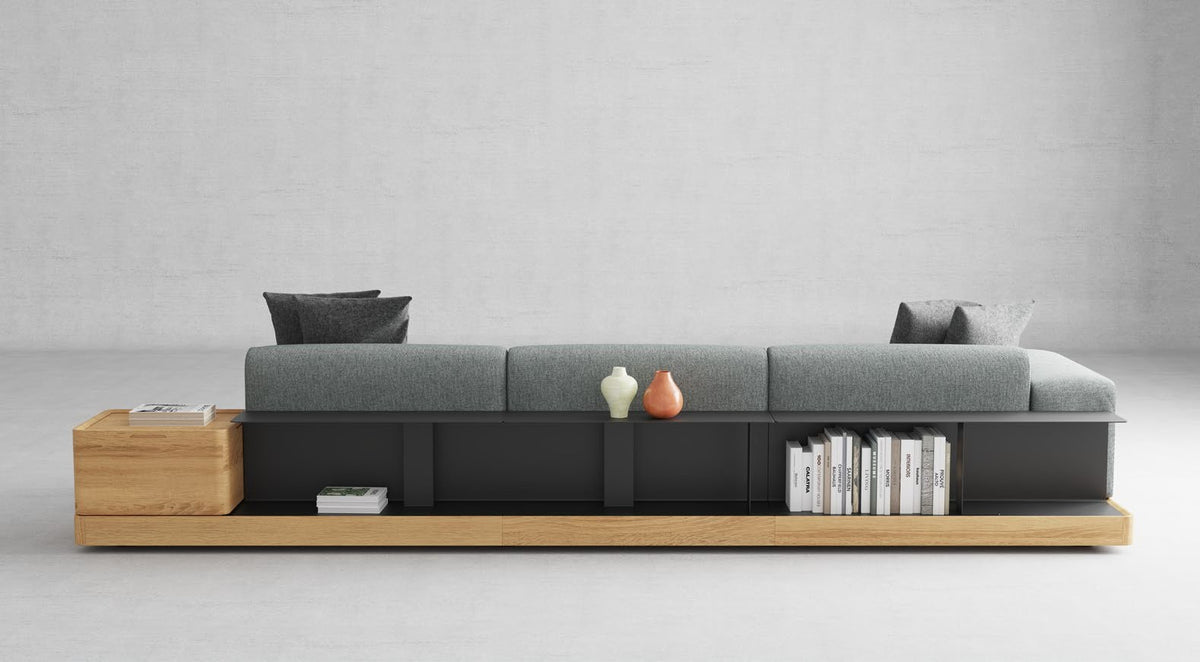 NUNC Sechia three-seater sofa, rear view with shelf and wooden box