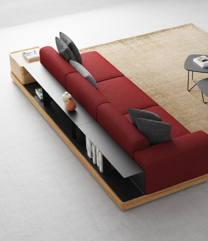 NUNC Sechia three-seater sofa, rear shelf with books