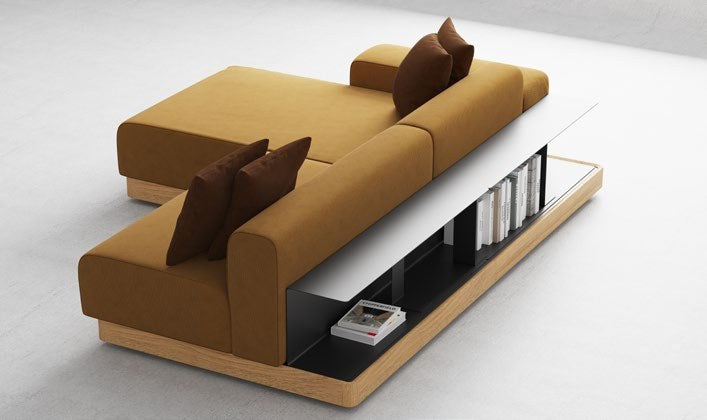 NUNC Sechia two-seater sofa, rear view with built-in shelf