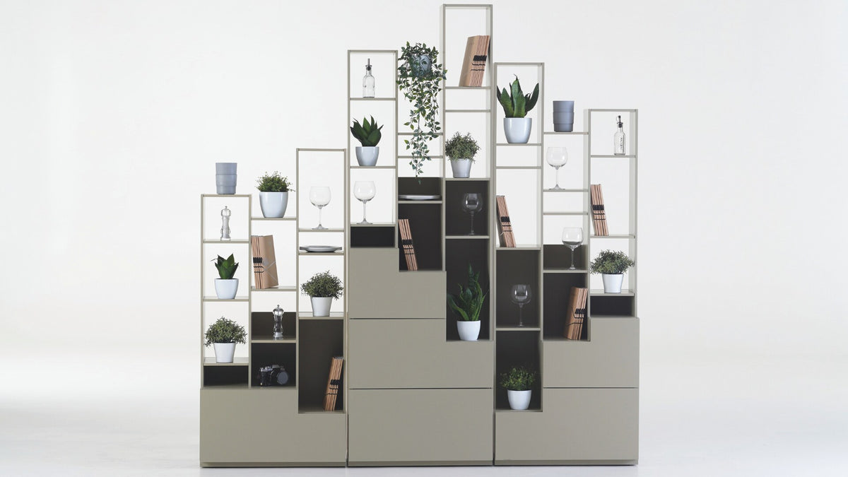 NUNC Sfumato shelving system, composition of modules styled with plants and books