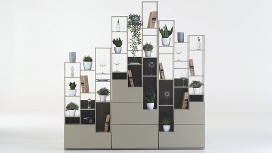 NUNC Sfumato shelving system, composition of modules styled with plants and books