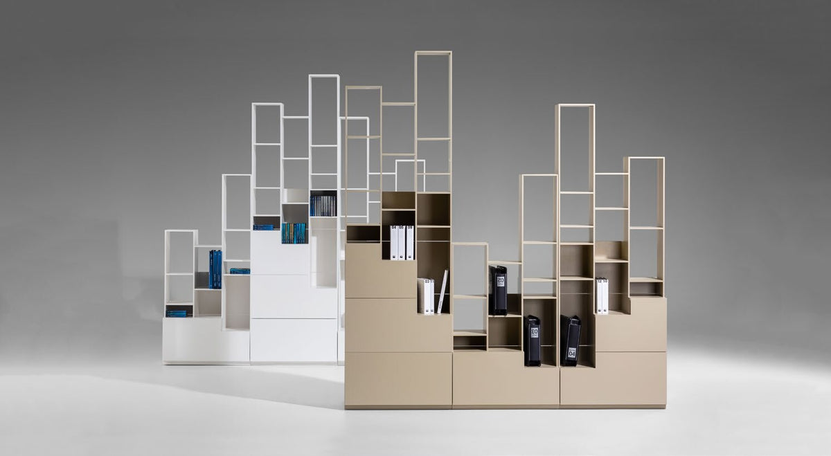 NUNC Sfumato shelving system, white and beige compositions