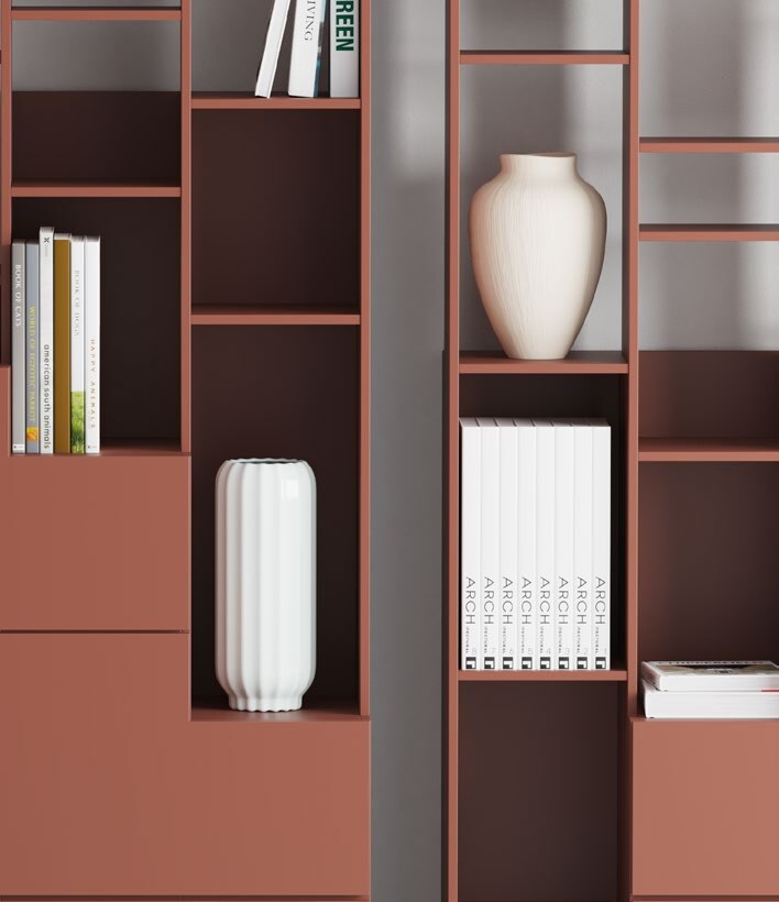 NUNC Sfumato shelving system, detail in red lacquer