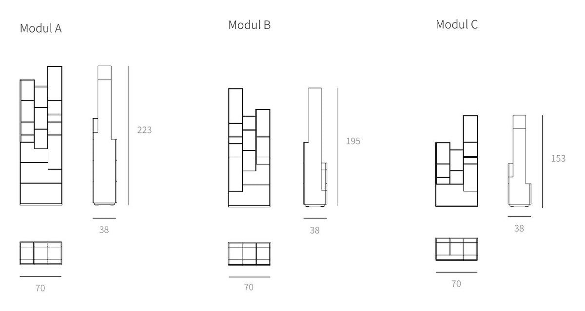 NUNC Sfumato shelving system, technical drawing of modules A, B and C