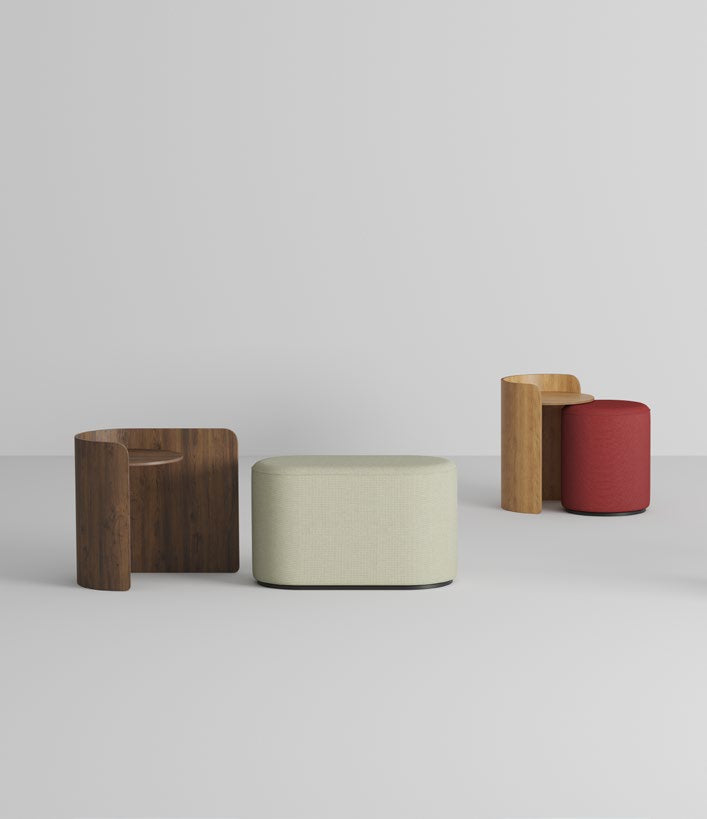 NUNC Skupa side tables in American walnut and oak with pouffes